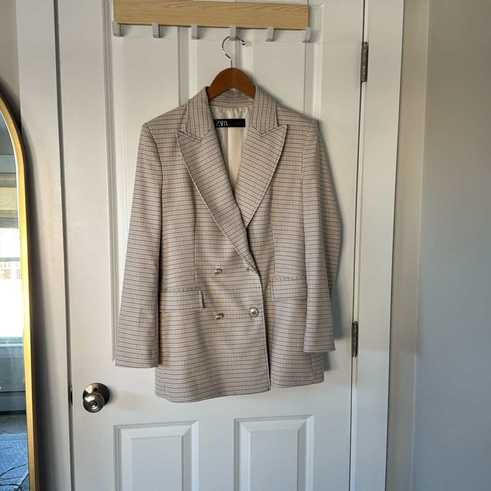 Zara Cream Plaid Double-Breasted Blazer
